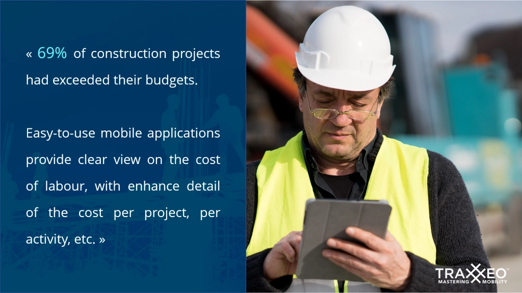 « 69% of construction projects had exceeded their budgets.

Easy-to-use mobile applications provide clear view on the cost of labour, with enhance detail of the cost per project, per activity, etc. »